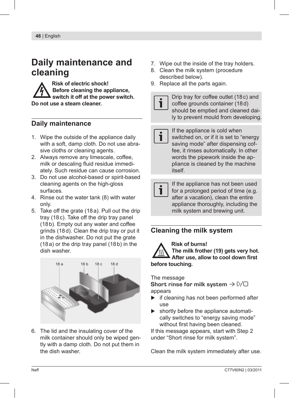 Daily maintenance and cleaning, Daily maintenance, Cleaning the milk system | Neff C77V60N2 User Manual | Page 48 / 86