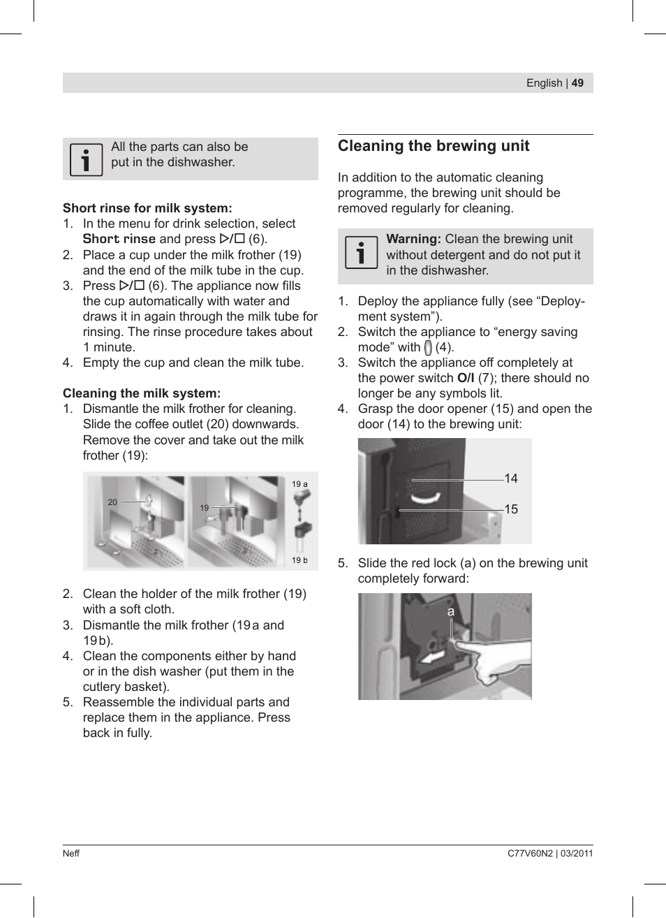 Cleaning the brewing unit | Neff C77V60N2 User Manual | Page 49 / 86