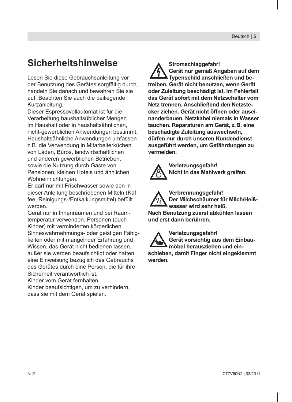 Sicherheitshinweise | Neff C77V60N2 User Manual | Page 5 / 86