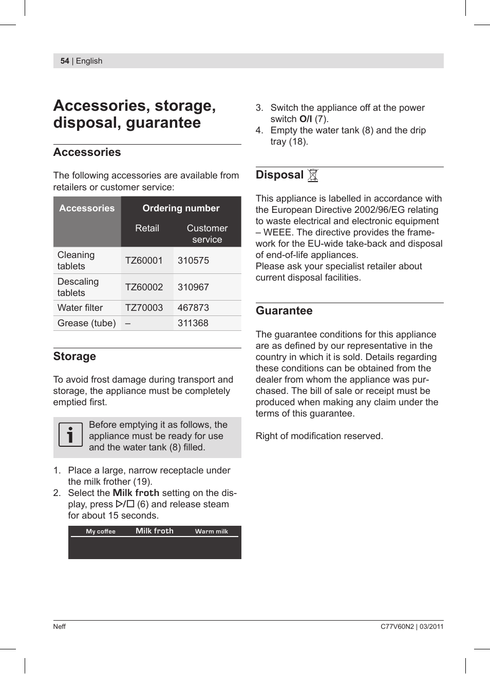 Accessories, storage, disposal, guarantee, Accessories, Storage | Disposal, Guarantee | Neff C77V60N2 User Manual | Page 54 / 86