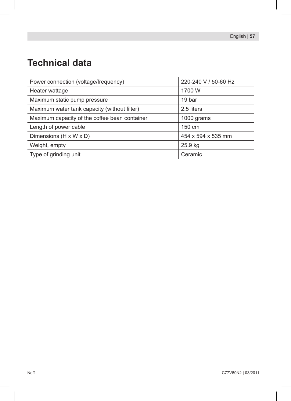 Technical data | Neff C77V60N2 User Manual | Page 57 / 86