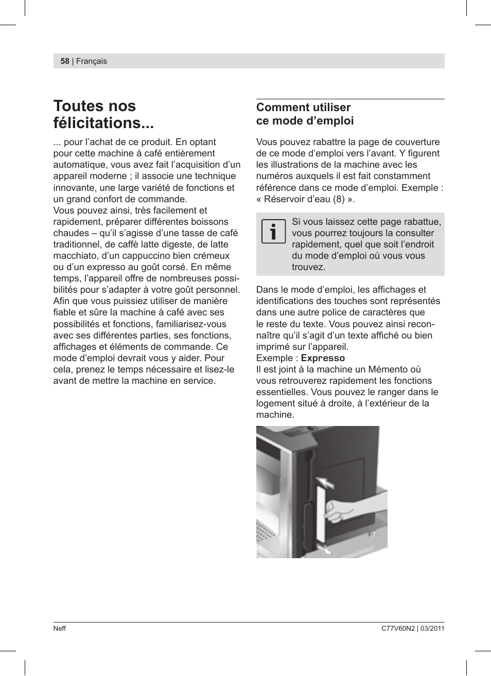 Toutes nos félicitations, Comment utiliser ce mode d’emploi | Neff C77V60N2 User Manual | Page 58 / 86