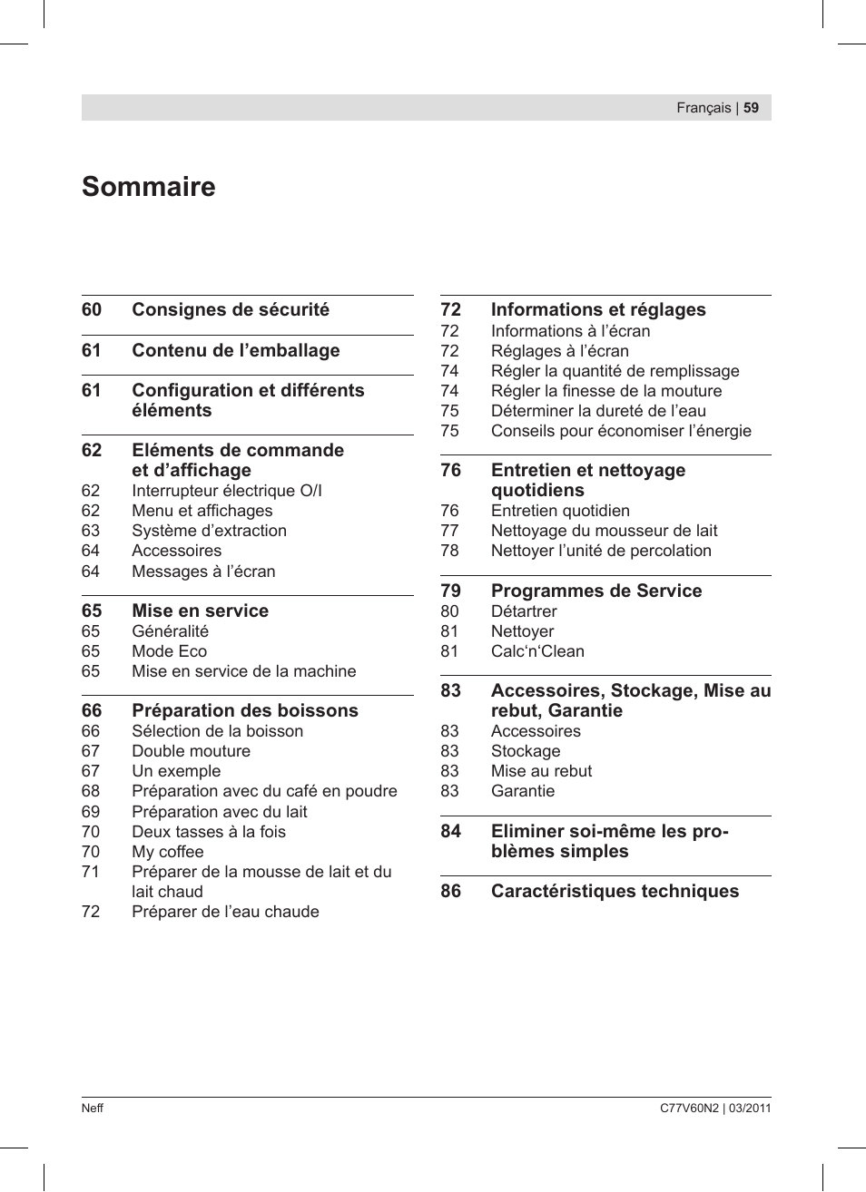 Sommaire | Neff C77V60N2 User Manual | Page 59 / 86