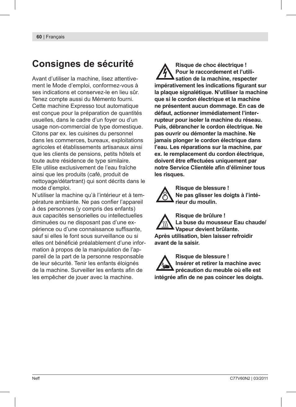Consignes de sécurité | Neff C77V60N2 User Manual | Page 60 / 86