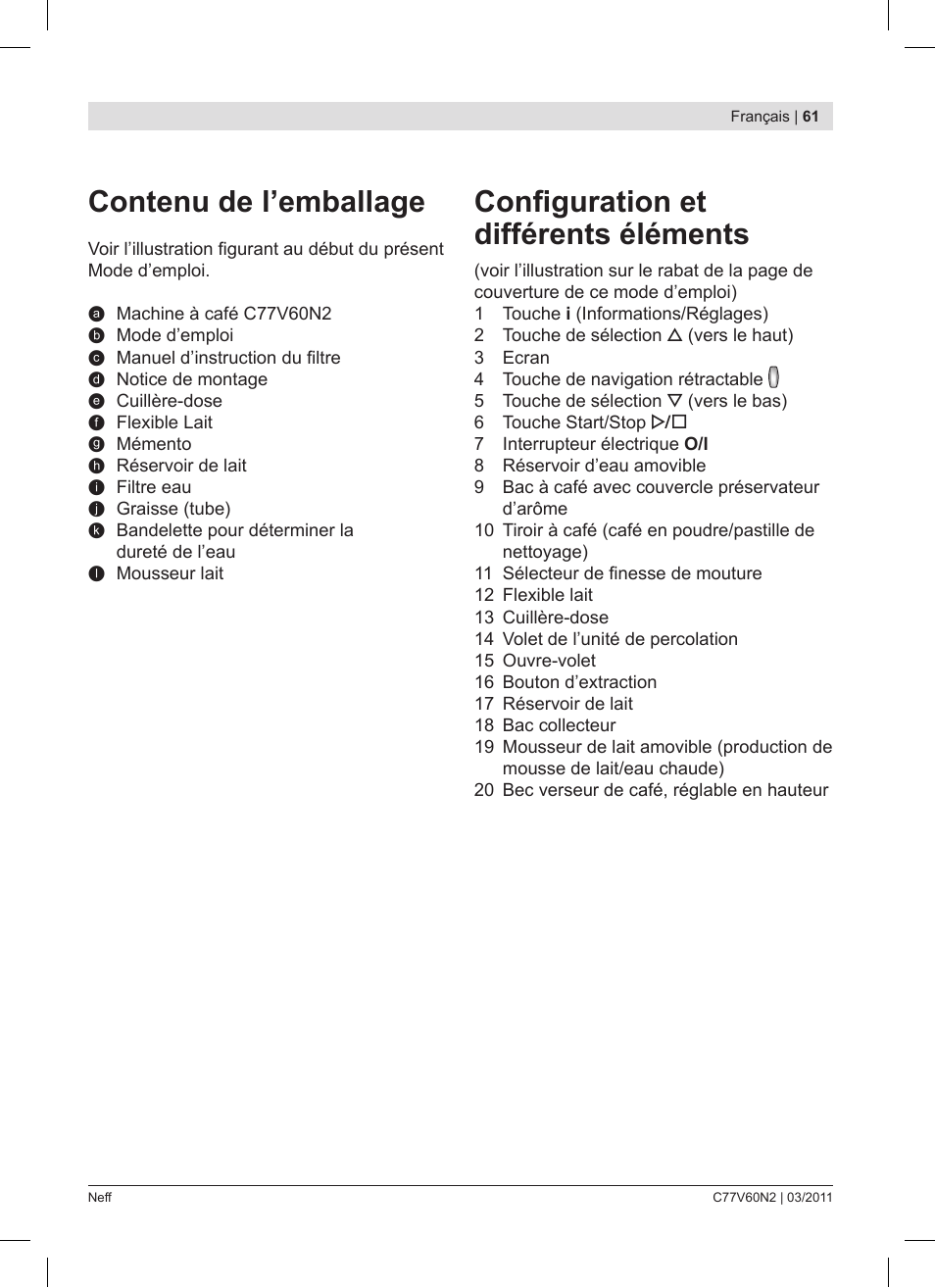 Contenu de l’emballage, Configuration et différents éléments | Neff C77V60N2 User Manual | Page 61 / 86