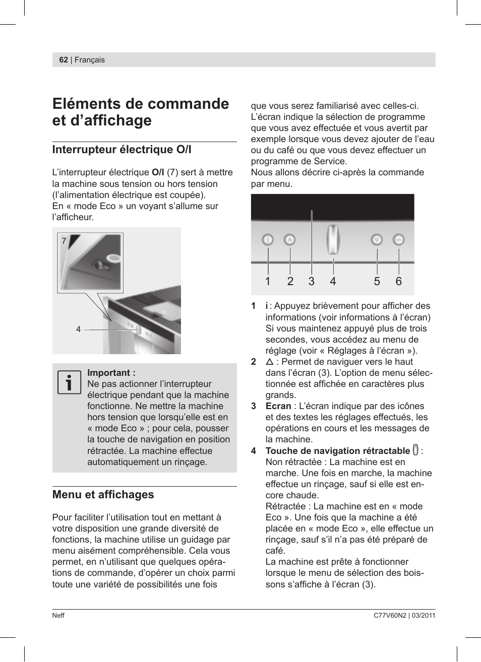 Eléments de commande et d’affi chage | Neff C77V60N2 User Manual | Page 62 / 86