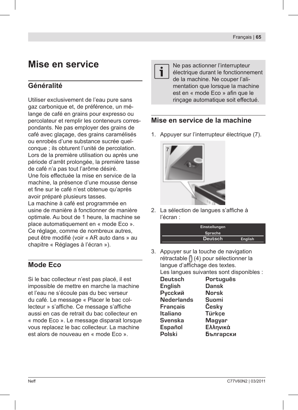 Mise en service, Généralité, Mode eco | Mise en service de la machine | Neff C77V60N2 User Manual | Page 65 / 86