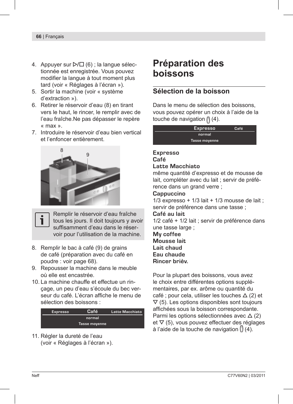 Préparation des boissons, Sélection de la boisson | Neff C77V60N2 User Manual | Page 66 / 86