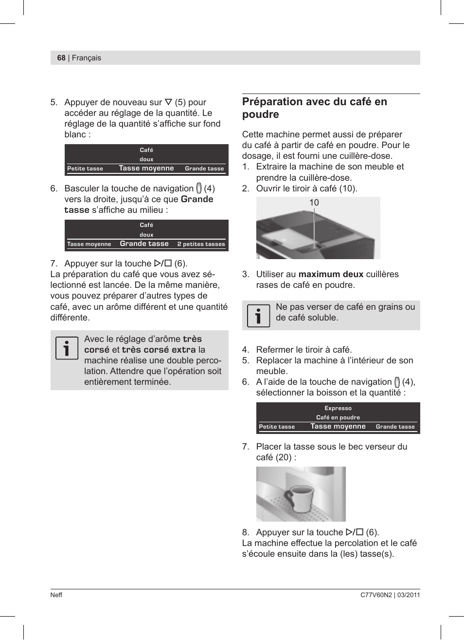 Préparation avec du café en poudre | Neff C77V60N2 User Manual | Page 68 / 86