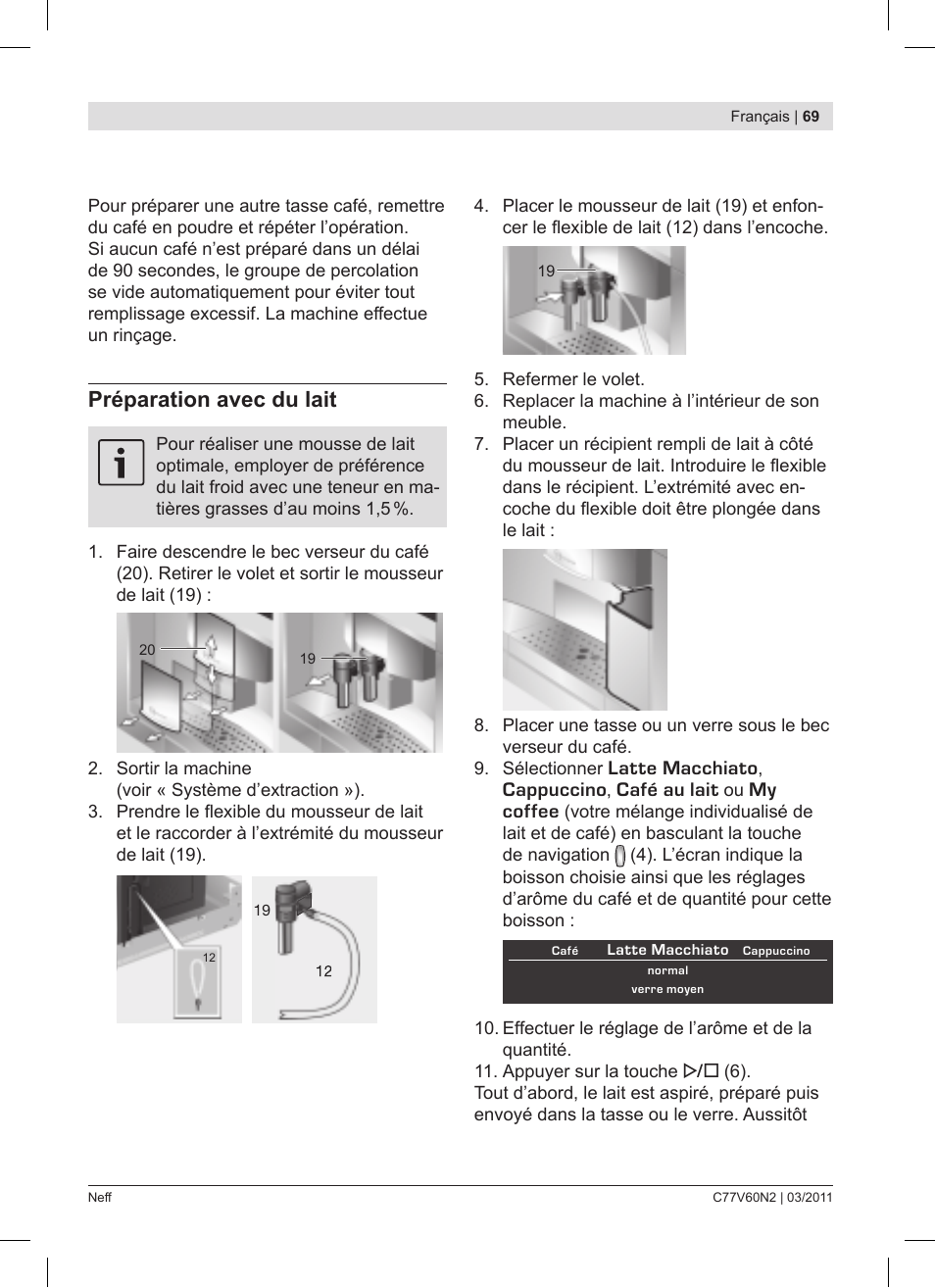 Préparation avec du lait | Neff C77V60N2 User Manual | Page 69 / 86