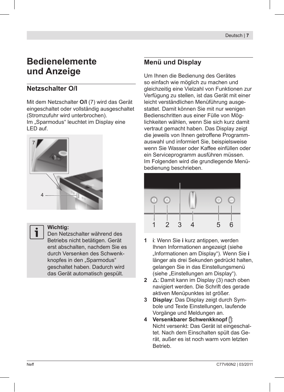 Bedienelemente und anzeige | Neff C77V60N2 User Manual | Page 7 / 86