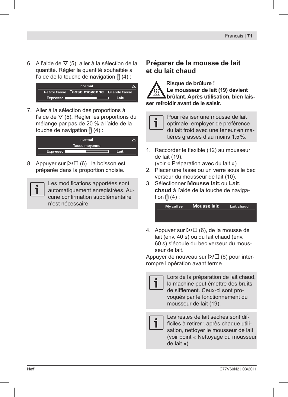 Préparer de la mousse de lait et du lait chaud | Neff C77V60N2 User Manual | Page 71 / 86