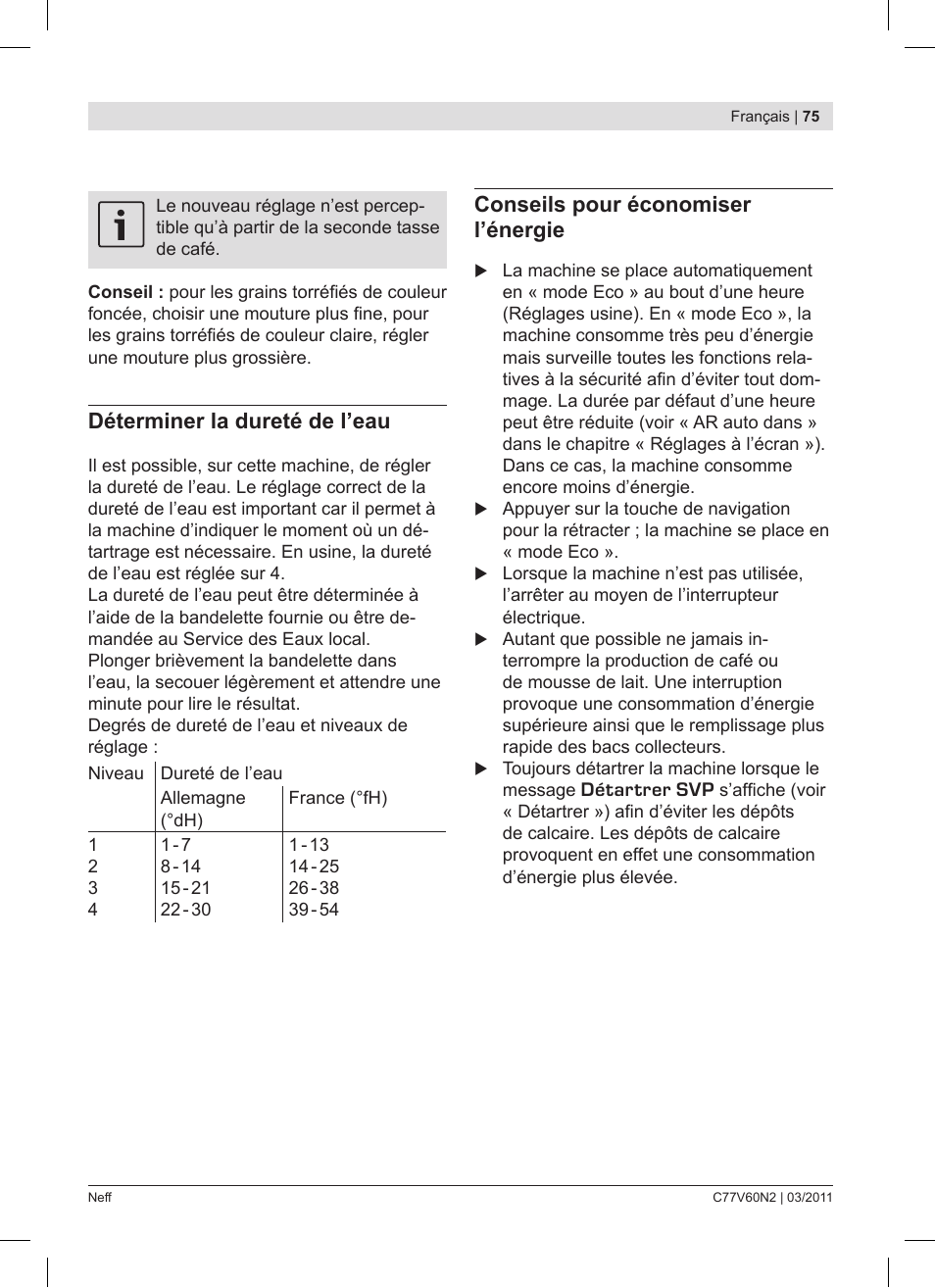 Déterminer la dureté de l’eau, Conseils pour économiser l’énergie | Neff C77V60N2 User Manual | Page 75 / 86