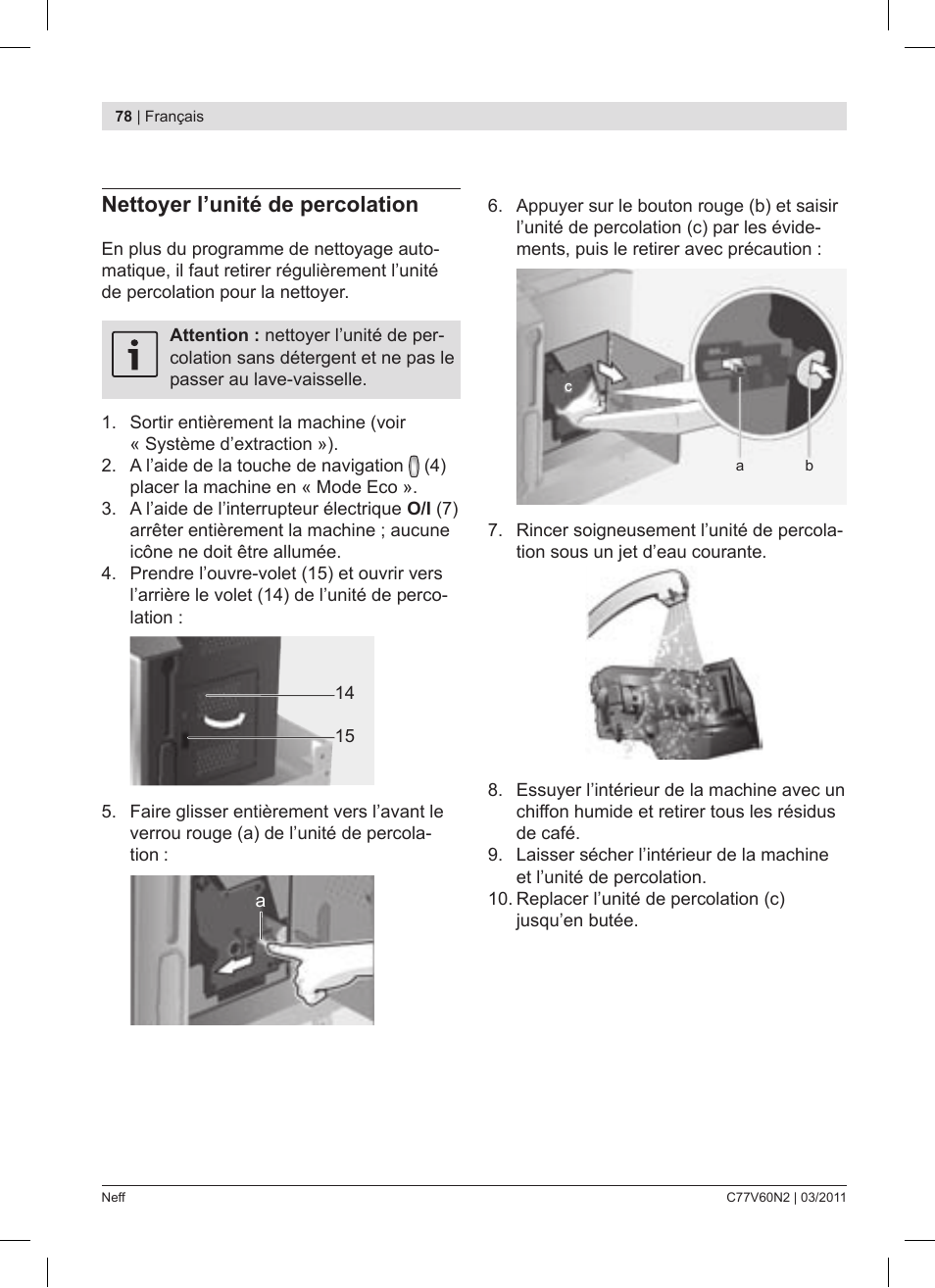 Nettoyer l’unité de percolation | Neff C77V60N2 User Manual | Page 78 / 86