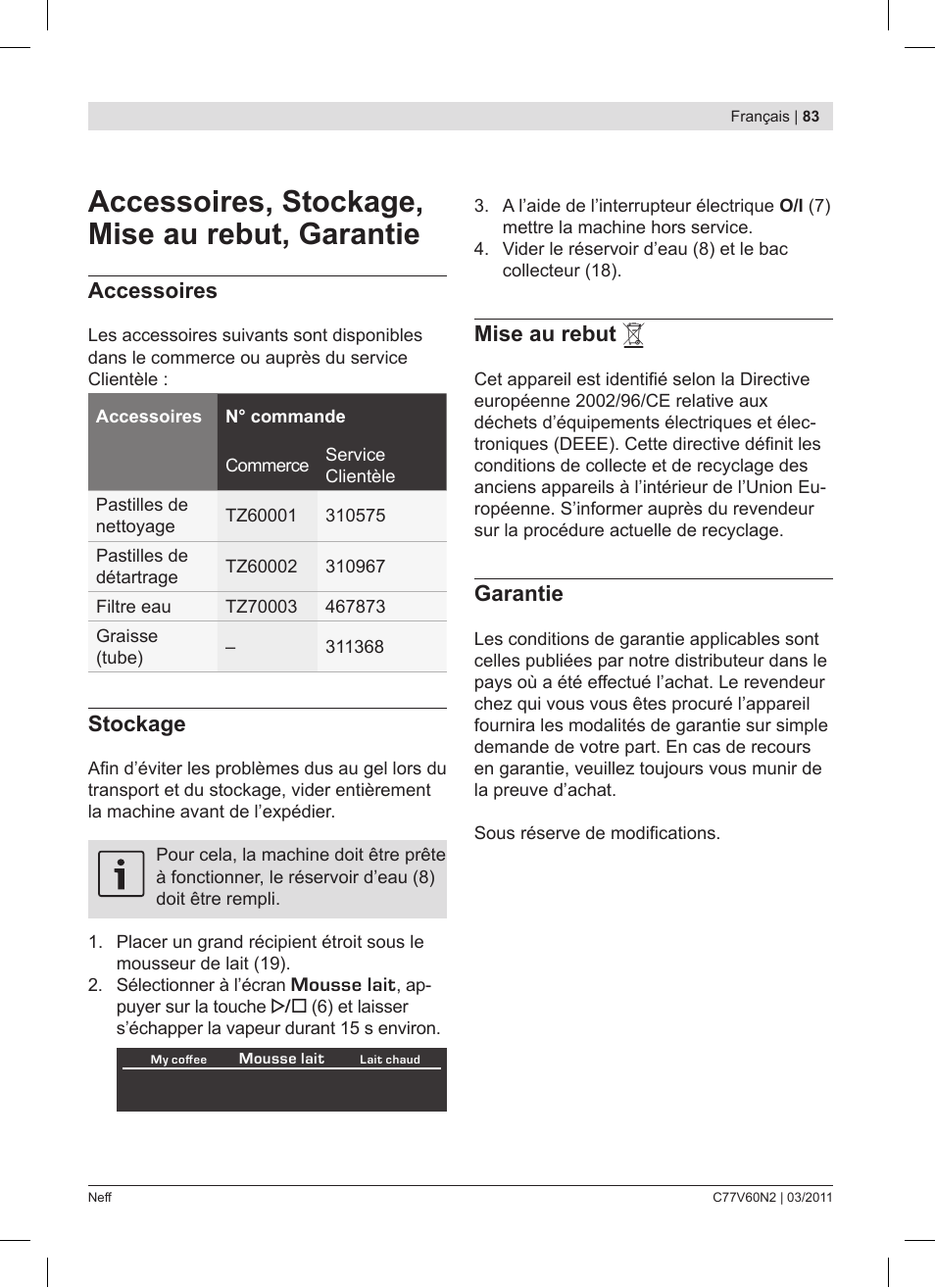 Accessoires, stockage, mise au rebut, garantie, Accessoires, Stockage | Mise au rebut, Garantie | Neff C77V60N2 User Manual | Page 83 / 86