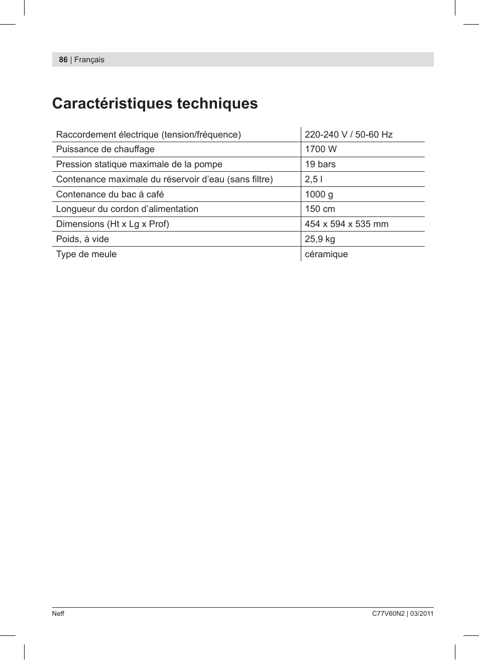 Caractéristiques techniques | Neff C77V60N2 User Manual | Page 86 / 86