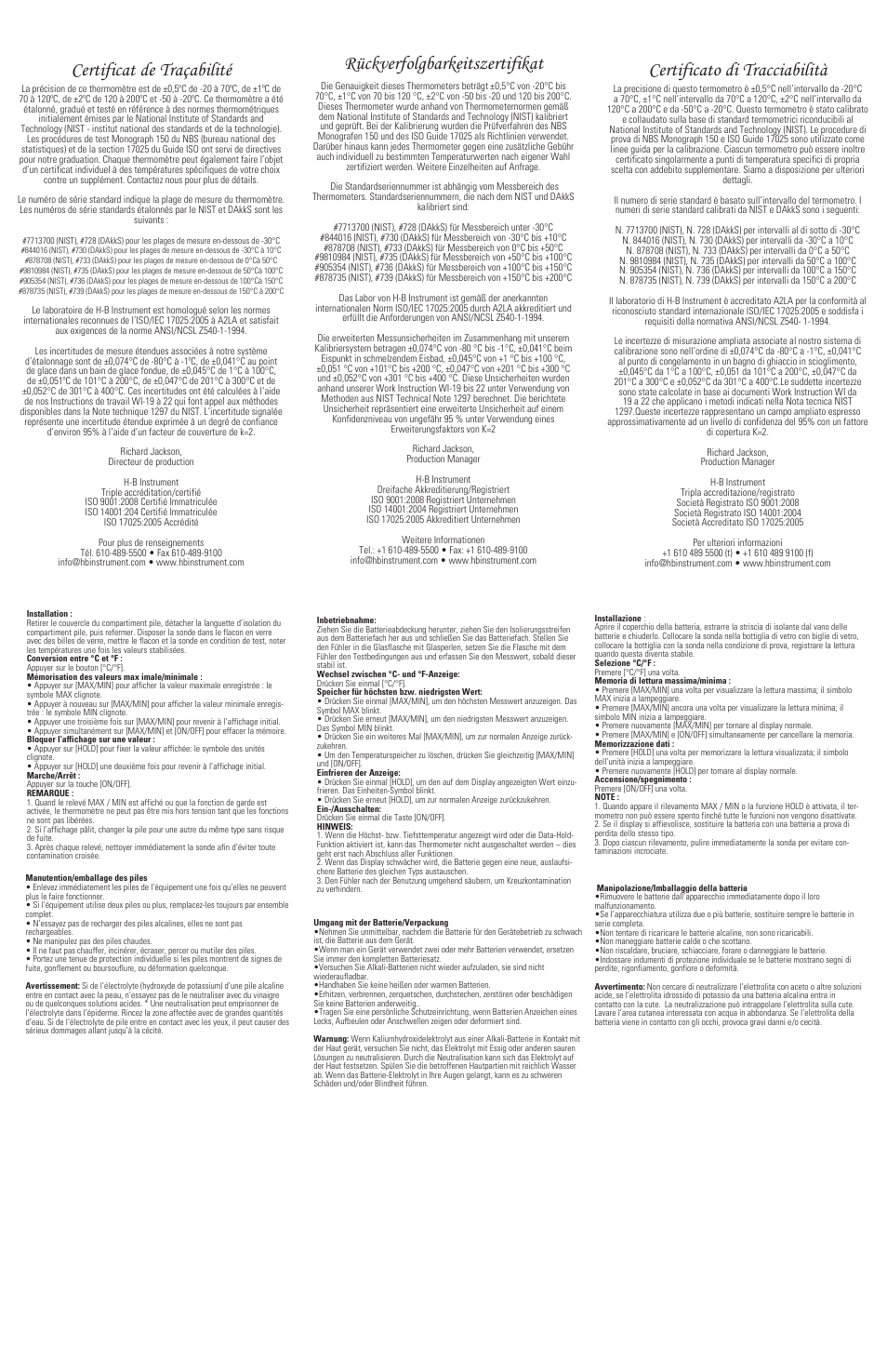 Rückverfolgbarkeitszertifikat, Certificato di tracciabilità, Certificat de traçabilité | H-B Instrument 3750 User Manual | Page 2 / 2