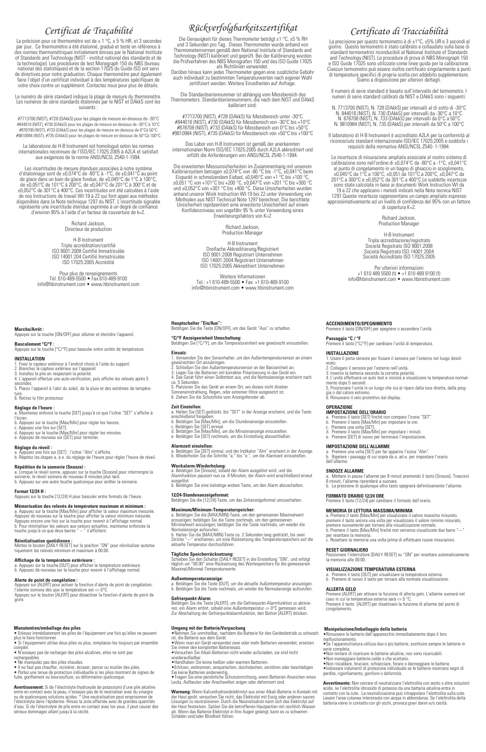 Rückverfolgbarkeitszertifikat, Certificato di tracciabilità, Certificat de traçabilité | H-B Instrument 3745 User Manual | Page 2 / 2