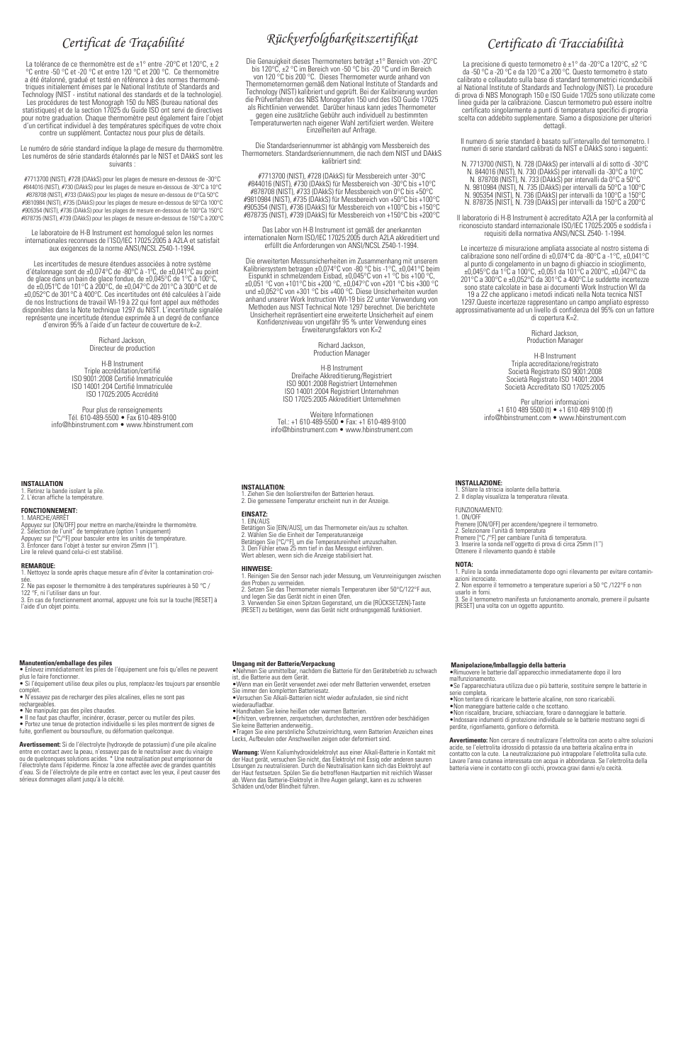 Rückverfolgbarkeitszertifikat, Certificato di tracciabilità, Certificat de traçabilité | H-B Instrument 3822 User Manual | Page 2 / 2