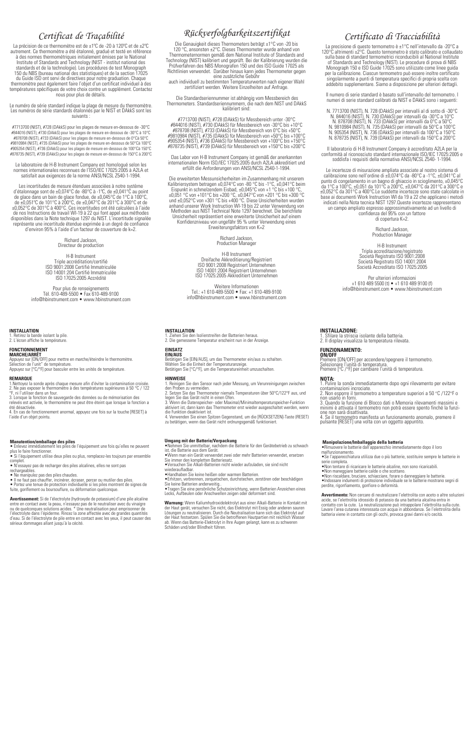 Rückverfolgbarkeitszertifikat, Certificato di tracciabilità, Certificat de traçabilité | H-B Instrument 3821 User Manual | Page 2 / 2