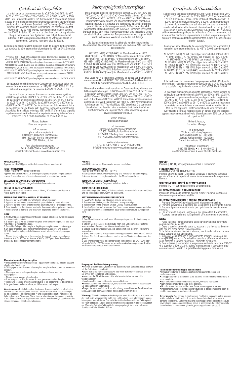 Rückverfolgbarkeitszertifikat, Certificato di tracciabilità, Certificat de traçabilité | H-B Instrument 3820 User Manual | Page 2 / 2