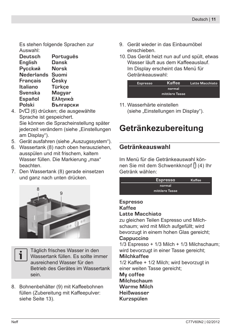 Getränkezubereitung, Getränkeauswahl | Neff C77V60N2 User Manual | Page 13 / 96