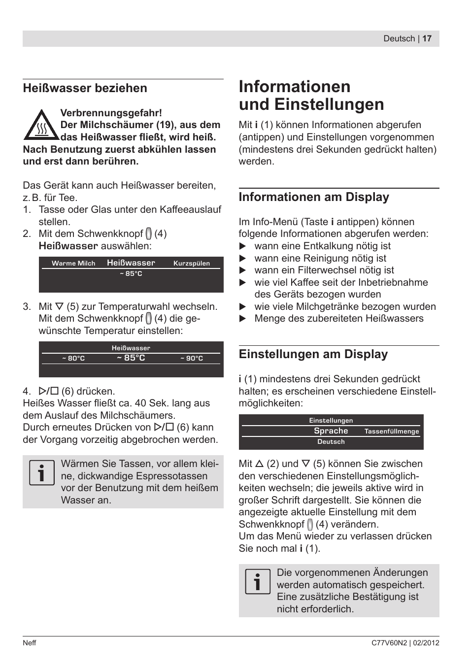 Informationen und einstellungen, Heißwasser beziehen, Informationen am display | Einstellungen am display | Neff C77V60N2 User Manual | Page 19 / 96