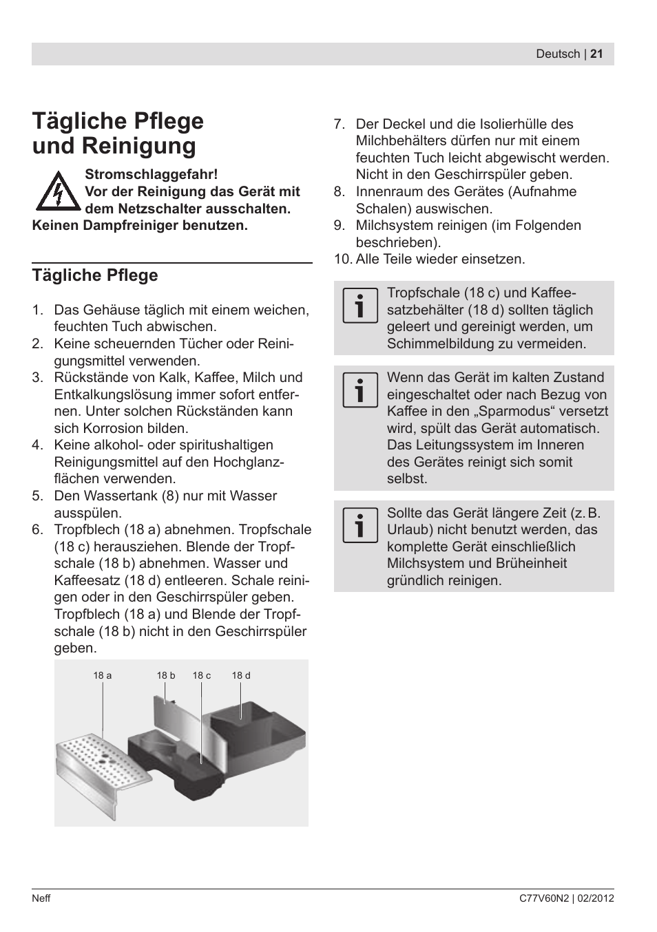 Tägliche pflege und reinigung, Tägliche pflege | Neff C77V60N2 User Manual | Page 23 / 96