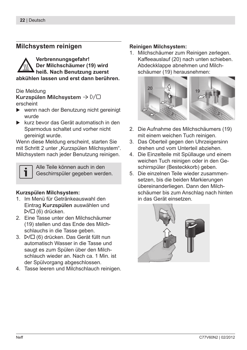 Milchsystem reinigen | Neff C77V60N2 User Manual | Page 24 / 96