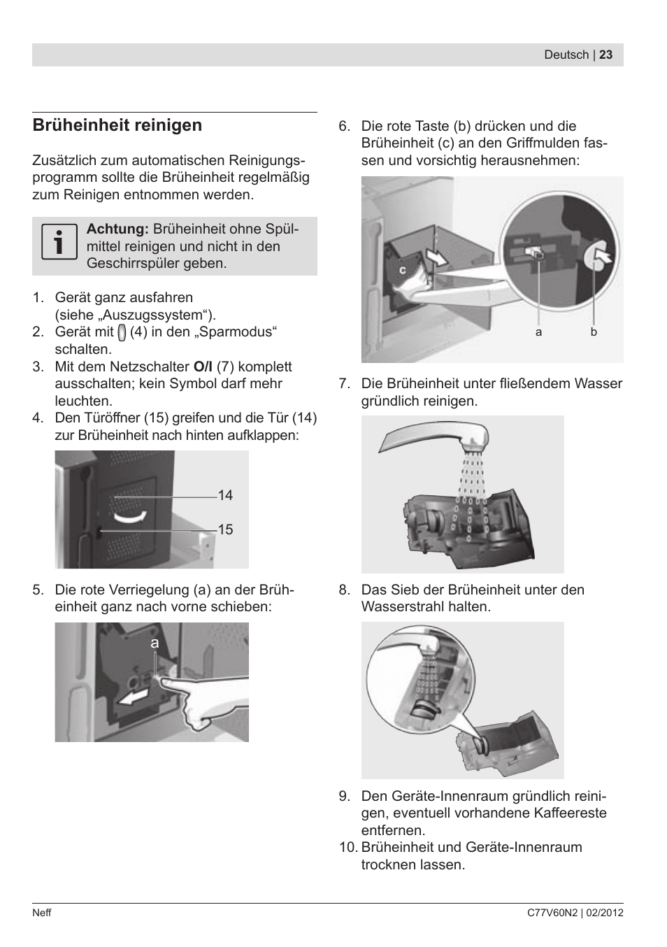 Brüheinheit reinigen | Neff C77V60N2 User Manual | Page 25 / 96