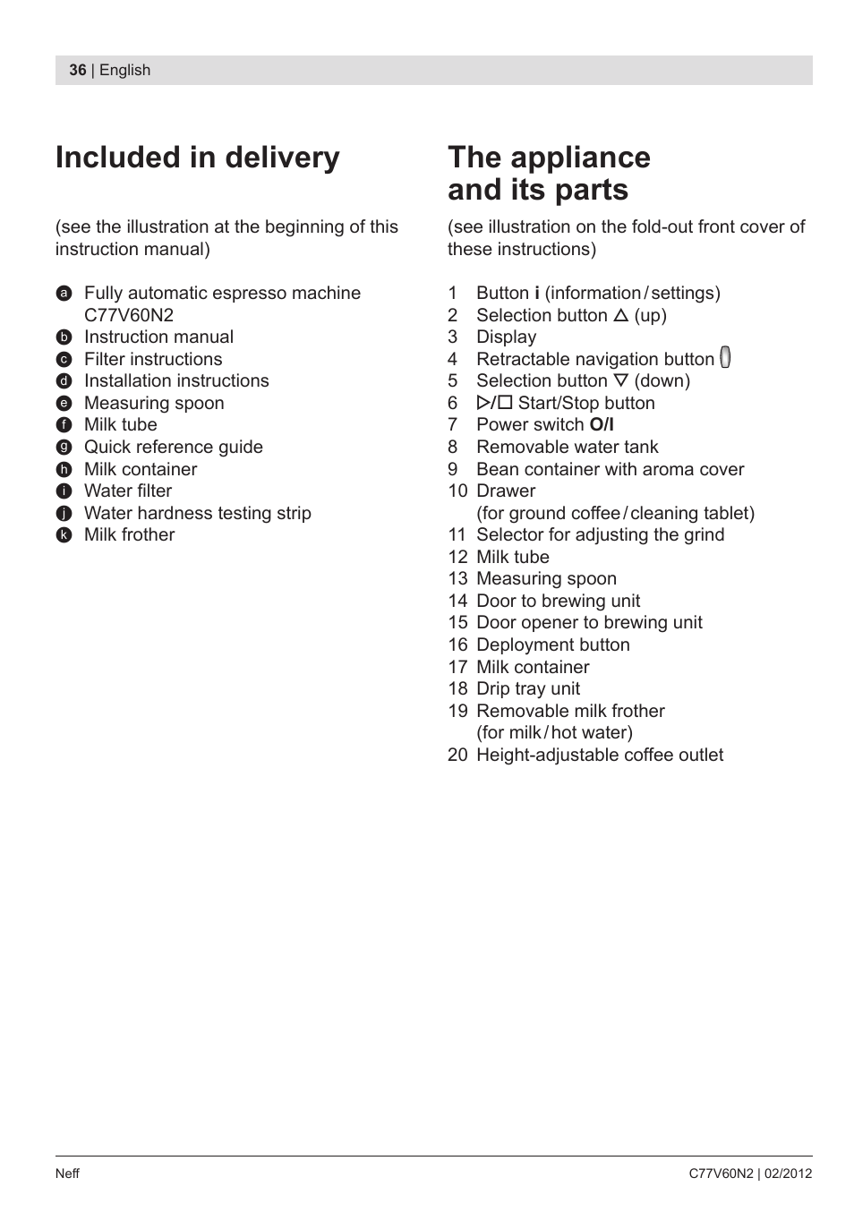 Included in delivery, The appliance and its parts | Neff C77V60N2 User Manual | Page 38 / 96