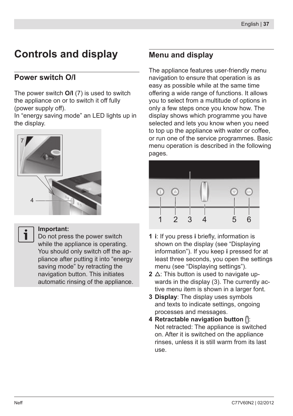 Controls and display | Neff C77V60N2 User Manual | Page 39 / 96