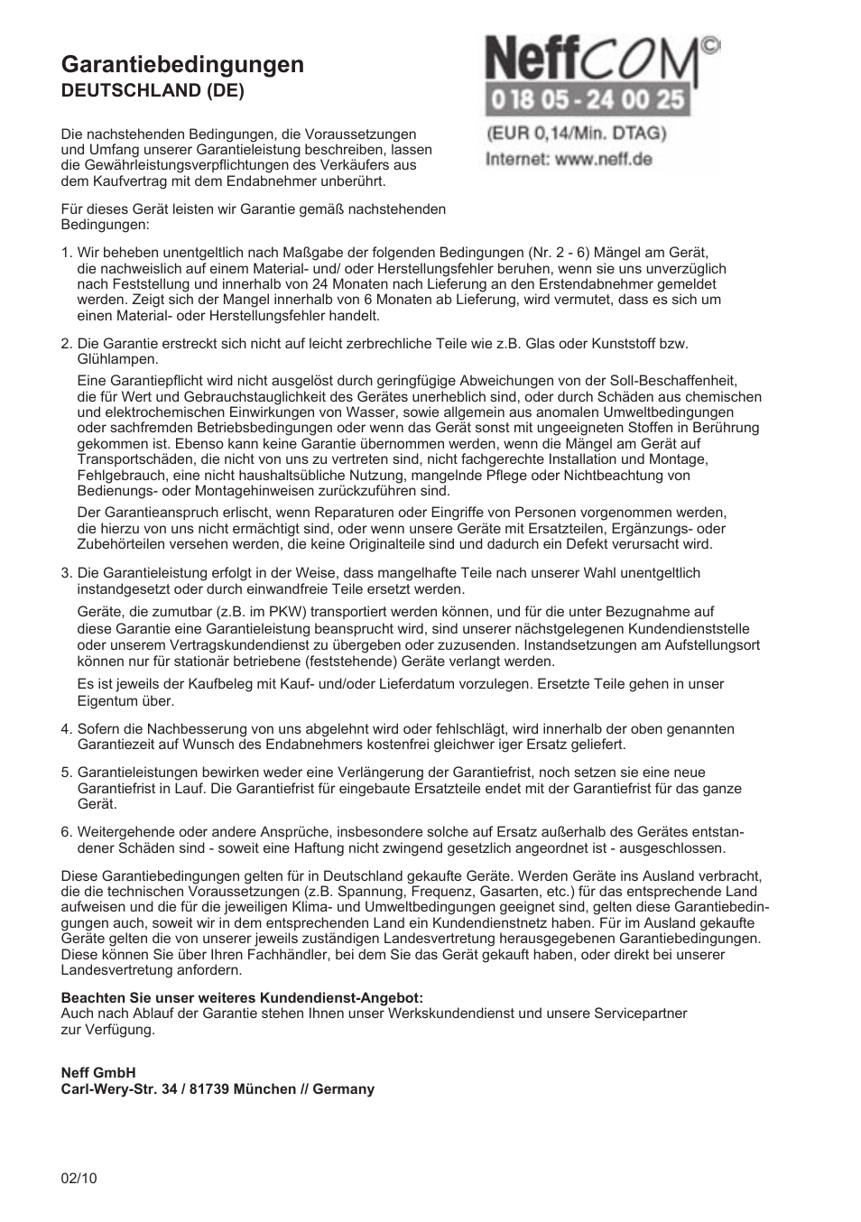 Garantiebedingungen, Deutschland (de) | Neff C77V60N2 User Manual | Page 4 / 96