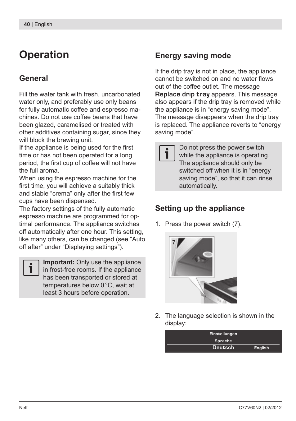 Operation, General, Energy saving mode | Setting up the appliance | Neff C77V60N2 User Manual | Page 42 / 96