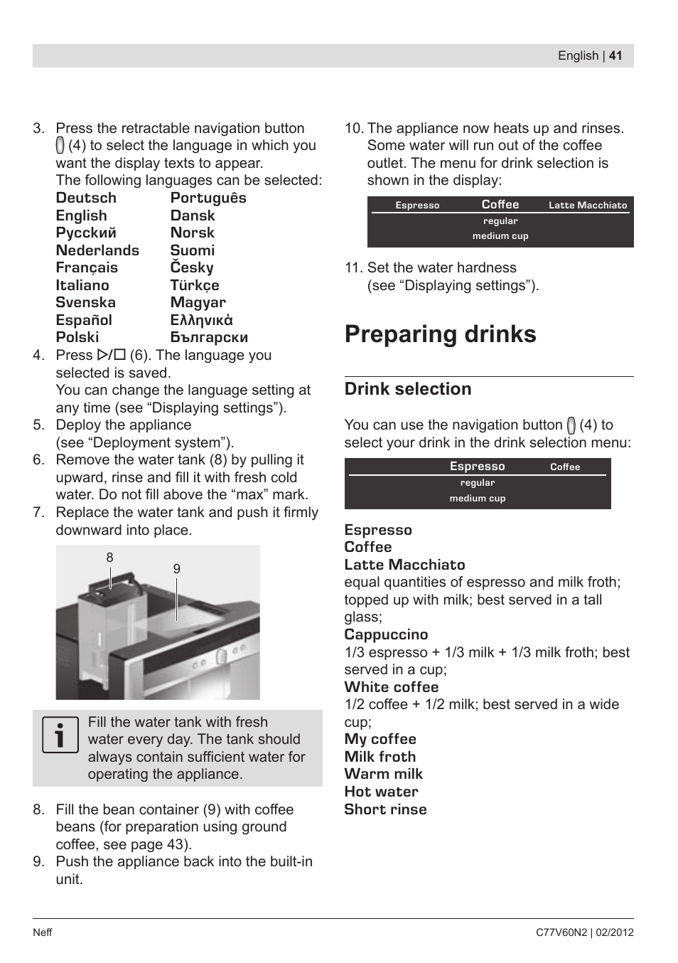 Preparing drinks, Drink selection | Neff C77V60N2 User Manual | Page 43 / 96
