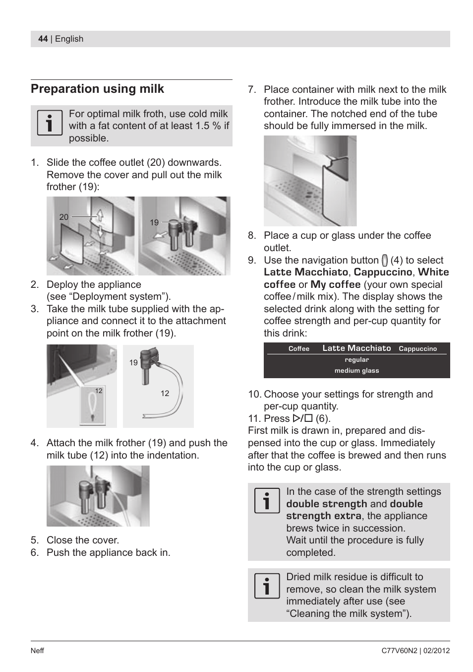 Preparation using milk | Neff C77V60N2 User Manual | Page 46 / 96