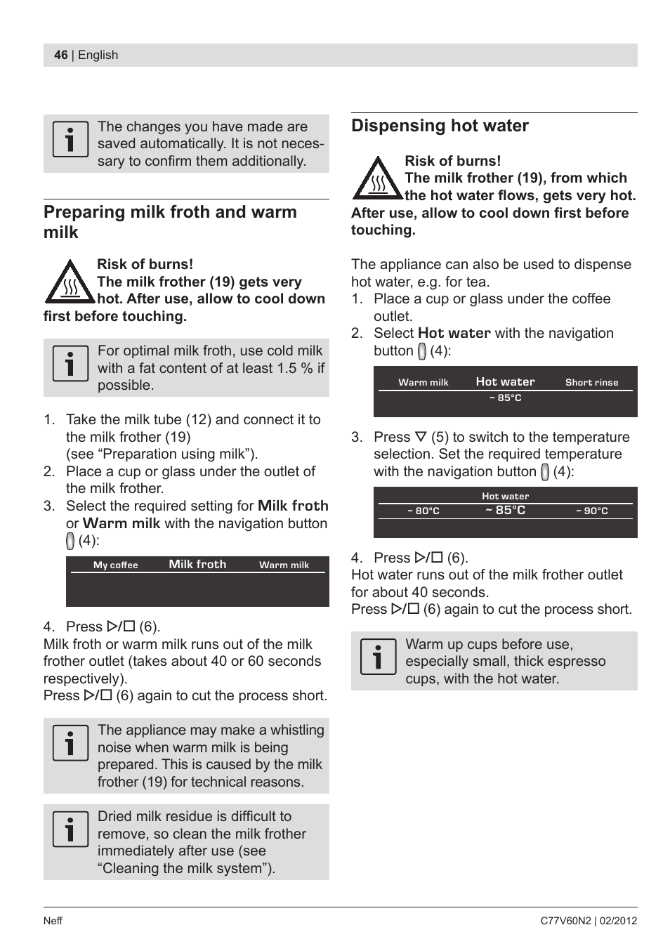 Preparing milk froth and warm milk, Dispensing hot water | Neff C77V60N2 User Manual | Page 48 / 96