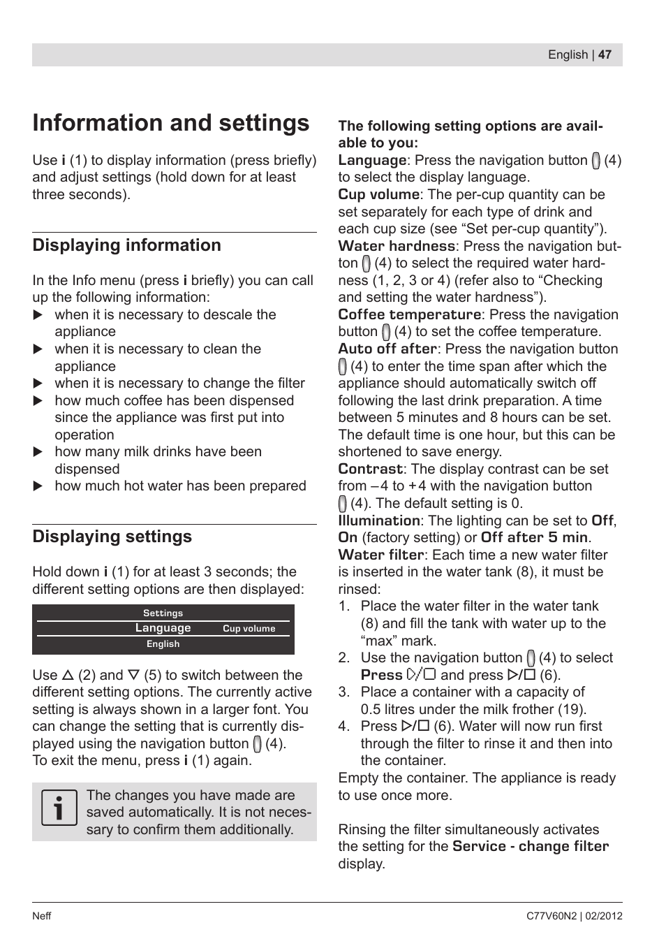 Information and settings, Displaying information, Displaying settings | Neff C77V60N2 User Manual | Page 49 / 96
