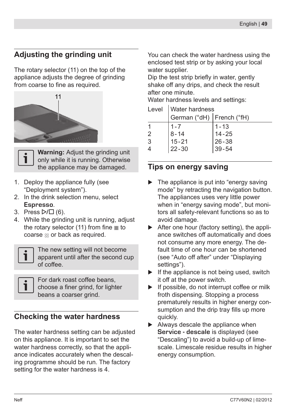 Adjusting the grinding unit, Checking the water hardness, Tips on energy saving | Neff C77V60N2 User Manual | Page 51 / 96