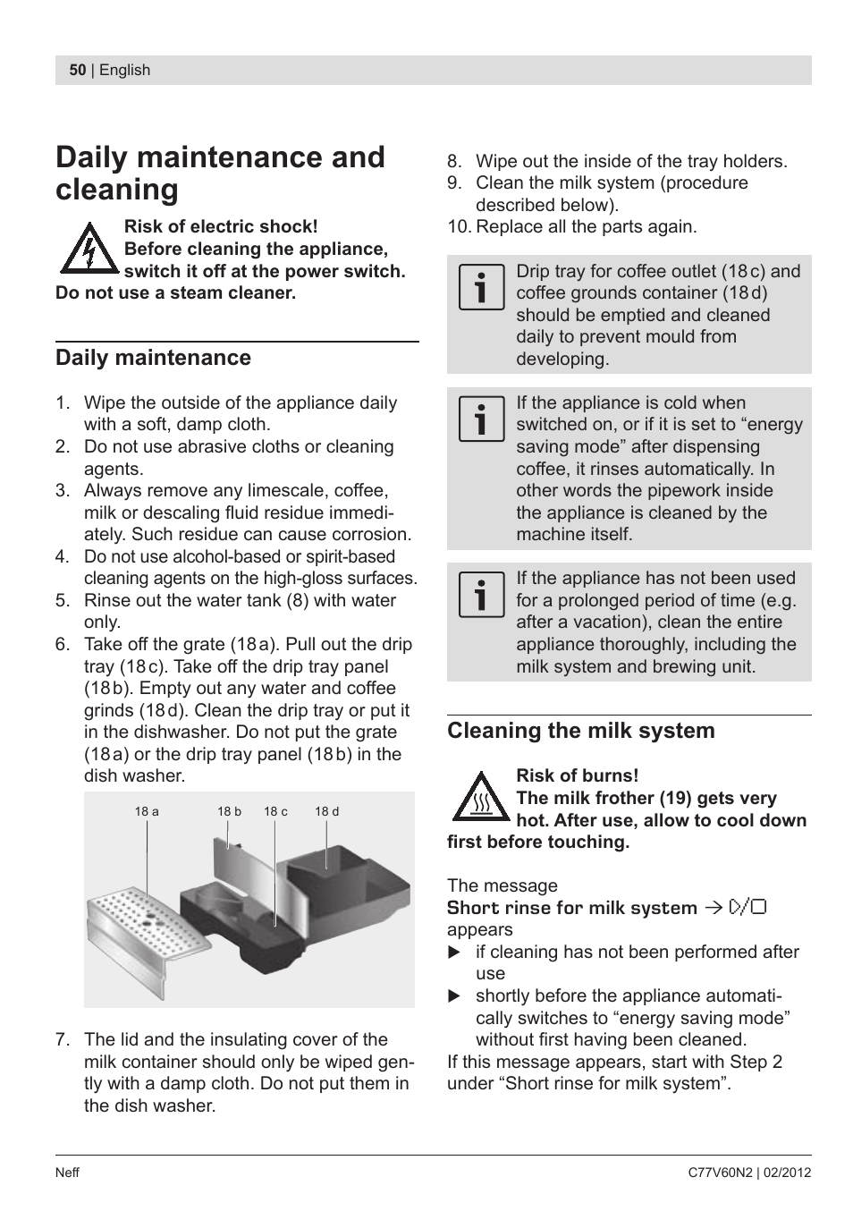 Daily maintenance and cleaning, Daily maintenance, Cleaning the milk system | Neff C77V60N2 User Manual | Page 52 / 96