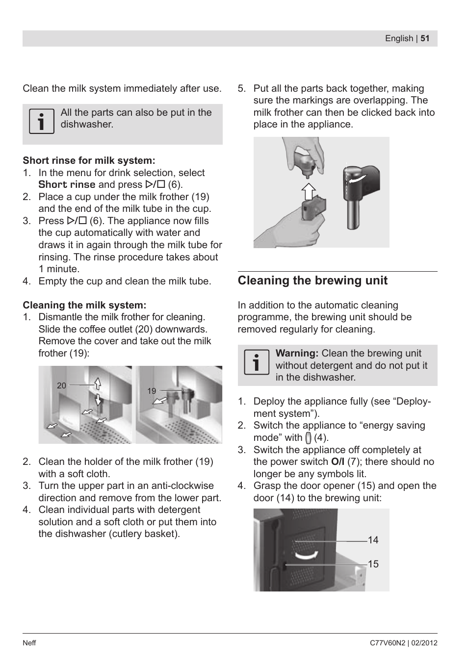 Cleaning the brewing unit | Neff C77V60N2 User Manual | Page 53 / 96