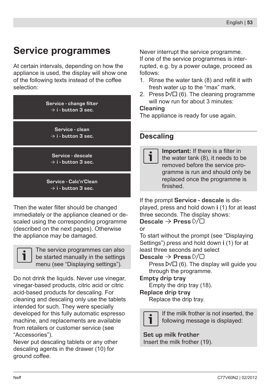 Service programmes, Descaling | Neff C77V60N2 User Manual | Page 55 / 96