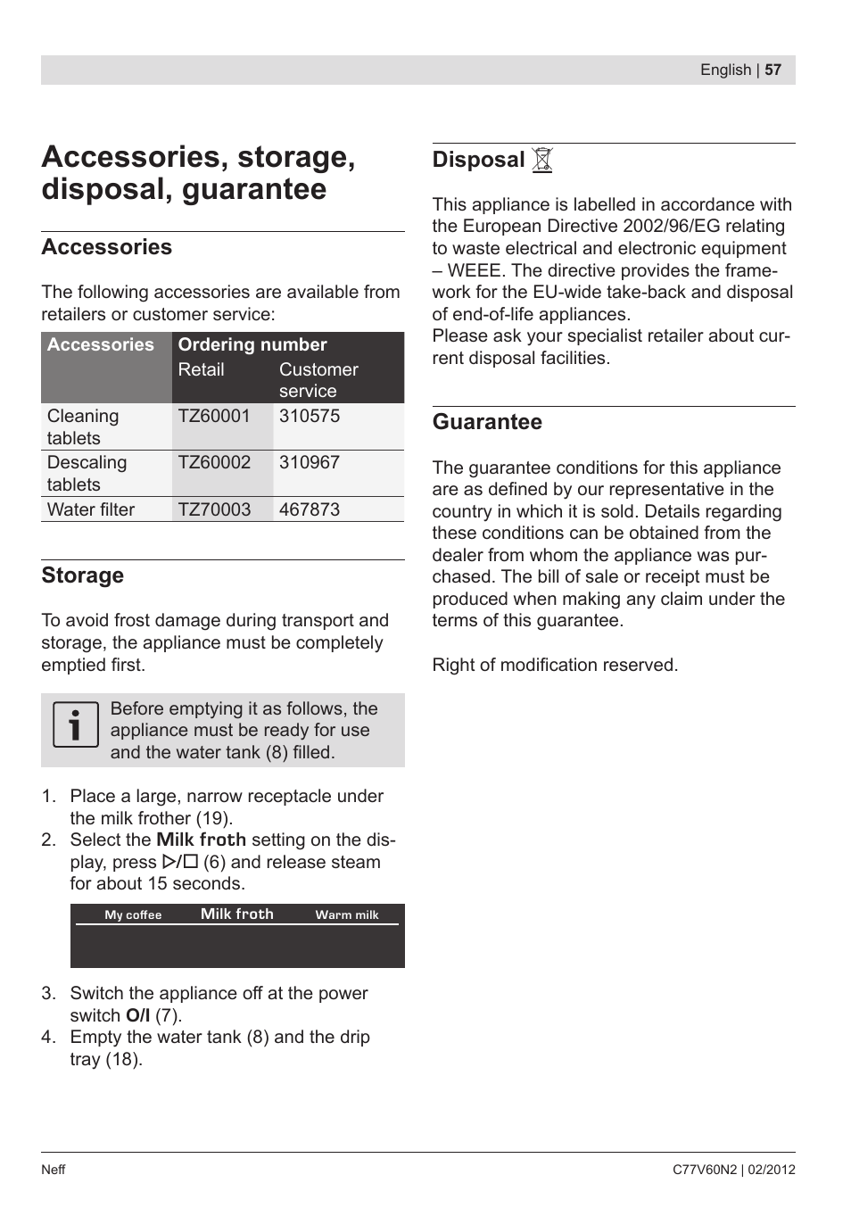 Accessories, storage, disposal, guarantee, Disposal, Guarantee | Accessories, Storage | Neff C77V60N2 User Manual | Page 59 / 96