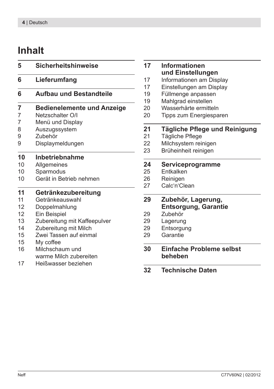 Inhalt | Neff C77V60N2 User Manual | Page 6 / 96