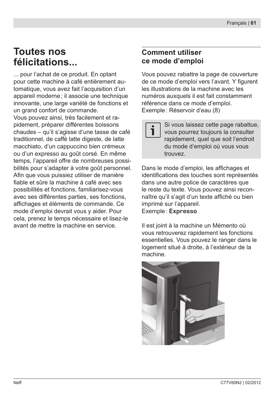 Toutes nos félicitations, Comment utiliser ce mode d’emploi | Neff C77V60N2 User Manual | Page 63 / 96