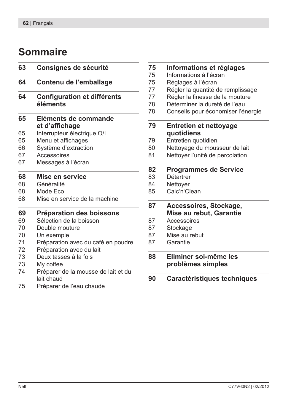 Sommaire | Neff C77V60N2 User Manual | Page 64 / 96