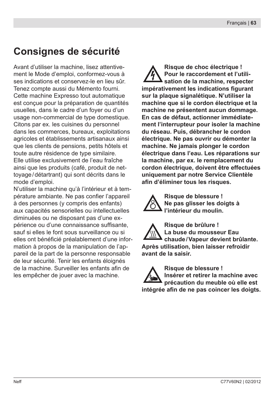 Consignes de sécurité | Neff C77V60N2 User Manual | Page 65 / 96