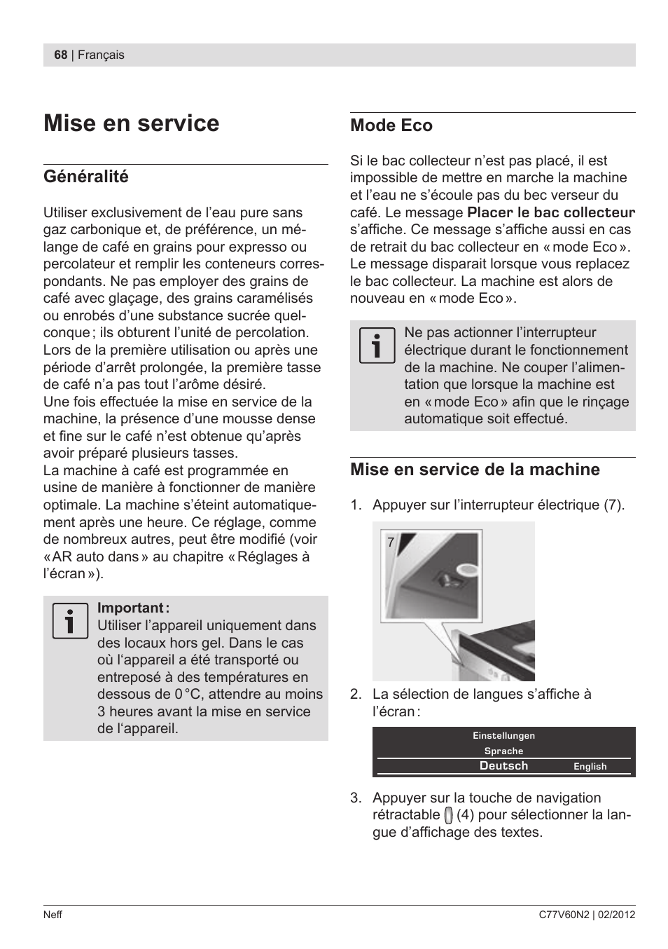 Mise en service, Généralité, Mode eco | Mise en service de la machine | Neff C77V60N2 User Manual | Page 70 / 96