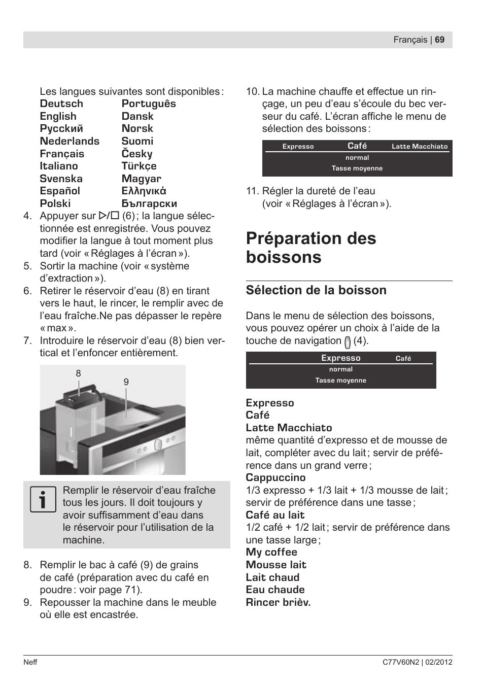 Préparation des boissons, Sélection de la boisson | Neff C77V60N2 User Manual | Page 71 / 96