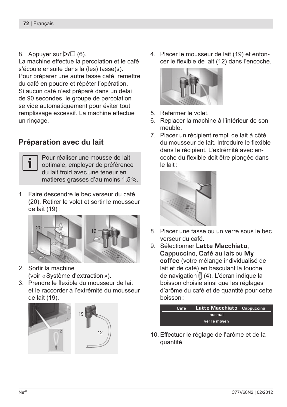 Préparation avec du lait | Neff C77V60N2 User Manual | Page 74 / 96